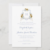 Sonnenblumen Blue Hydrangea Wappen Monogram Weddin Einladung (Vorderseite)