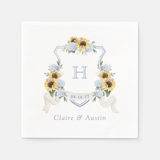 Sonnenblumen Blue Hydrangea Wappen Wedding Monogra Serviette (Vorderseite)