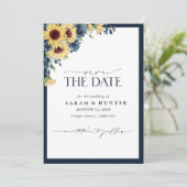 Sonnenblumen Blue Script Foto Hochzeit speichern d Save The Date (Stehend Vorderseite)