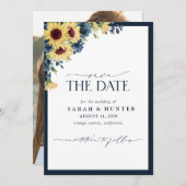 Sonnenblumen Blue Script Foto Hochzeit speichern d Save The Date (Vorne/Hinten)