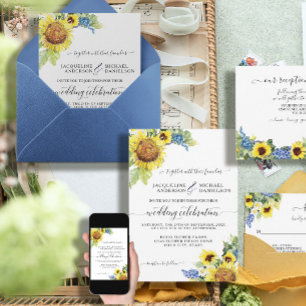 Sonnenblumen Blumen Blau Eukalyptus BOHO Chic Hoch Einladung