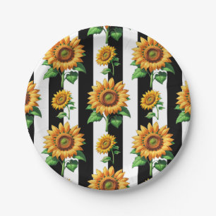 Sonnenblumen-Blumen Schwarz-Weiß-Streifen Pappteller