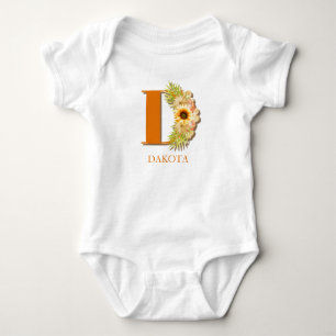 Sonnenblumen-Blumenmonogramm Buchstabe D mit Namen Baby Strampler