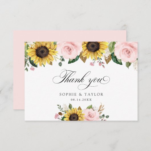 Sonnenblumen Blush Pink Blues Hochzeit Vielen Dank Dankeskarte (Vorne/Hinten)