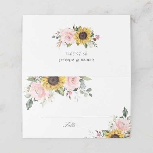 Sonnenblumen Blush Pink Blumenblume Hochzeit Platz Platzkarte (Außenseite Aufgefaltet)