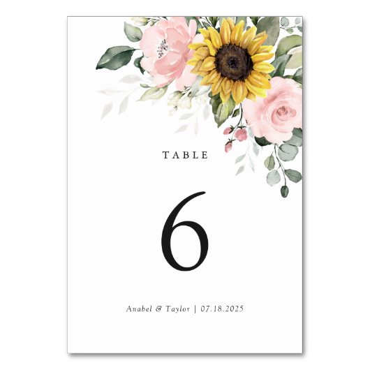 Sonnenblumen Blush Pink Blumenblume Hochzeit Tisch Tischnummer (Vorderseite)