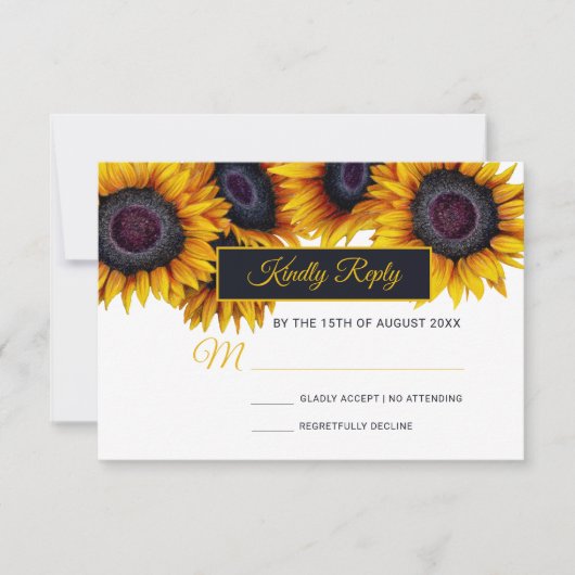 Sonnenblumen Blüte | Moderne Hochzeit der Gold Nav RSVP Karte (Vorderseite)