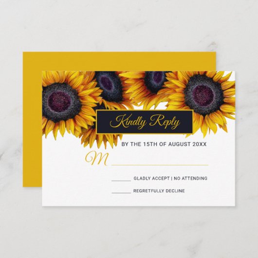 Sonnenblumen Blüte | Moderne Hochzeit der Gold Nav RSVP Karte (Vorne/Hinten)