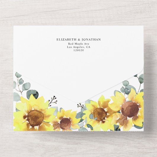 Sonnenblumen BlütenEukalyptus Hochzeiten Details U All In One Einladung (Rückseite)