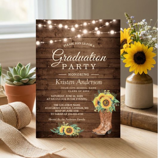 Sonnenblumen Boots String Lights Graduation Party Einladung