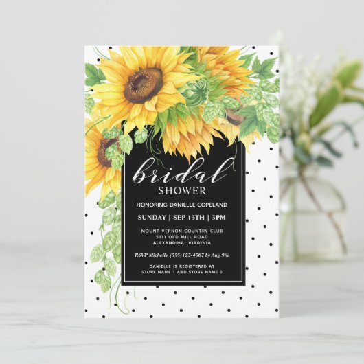 Sonnenblumen Brautparty Blumen und Polka Dots Einladung (Stehend Vorderseite)