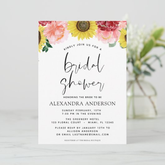 Sonnenblumen Brautparty Blütenrot Rosa Einladung (Stehend Vorderseite)
