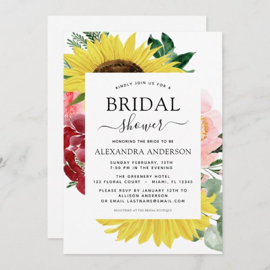 Sonnenblumen Brautparty Frühlingsflora Einladung (Vorne/Hinten)