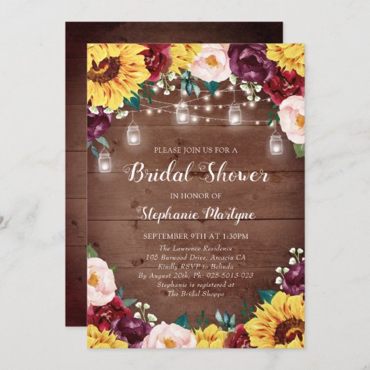 Sonnenblumen Brautparty Mason Jars Lights Wood Einladung (Vorne/Hinten)
