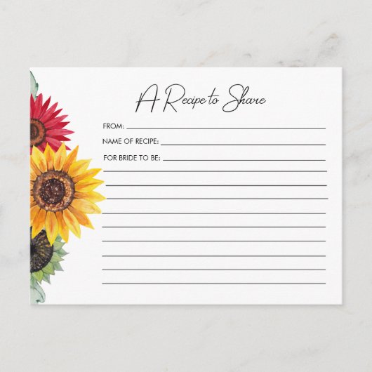 Sonnenblumen Brautparty Rezept Karte (Vorderseite)