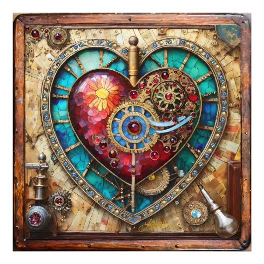 Sonnenblumen-Buntglas-Herz Steampunk-Serie Fotodruck (Vorne)