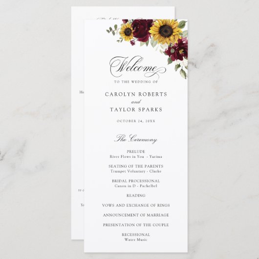 Sonnenblumen Burgund Blumen Rustikales Hochzeitspr Programm (Vorne/Hinten)