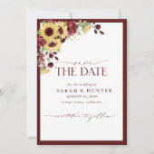 Sonnenblumen Burgund Blumenhochzeit retten Datum Save The Date (Vorderseite)
