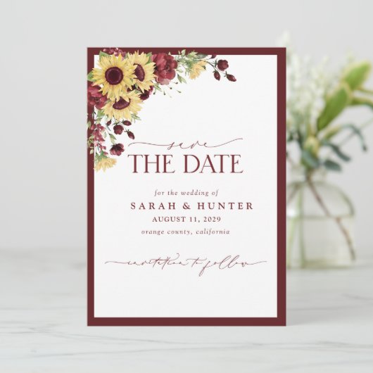 Sonnenblumen Burgund Blumenhochzeit retten Datum Save The Date (Stehend Vorderseite)