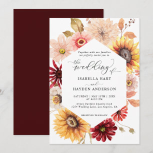 Sonnenblumen & Burgund Fall Wilde Blumenhochzeit Einladung