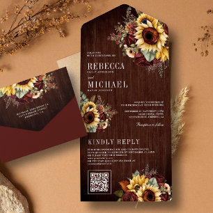 Sonnenblumen Burgund Floral QR Code Holz Hochzeit All In One Einladung