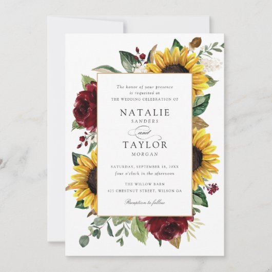 Sonnenblumen Burgund Grüne Blüte Rustikale Hochzei Einladung (Vorderseite)