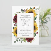 Sonnenblumen Burgund Grüne Blüte Rustikale Hochzei Einladung (Stehend Vorderseite)