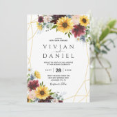 Sonnenblumen Burgund Rose Blauer Rustikal Einladung (Stehend Vorderseite)