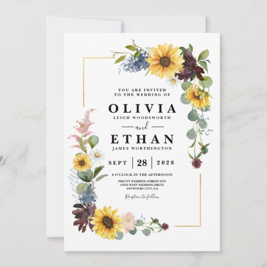 Sonnenblumen Burgund Rose Blauer Rustikal Einladung (Vorderseite)