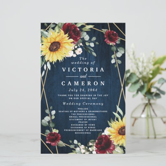 Sonnenblumen Burgund Rose Hochzeitsprogramme der M (Stehend Vorderseite)