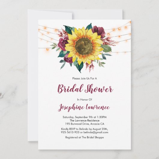 Sonnenblumen Burgund Rose Lights Brautparty Einladung (Vorderseite)