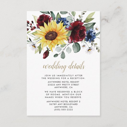 Sonnenblumen Burgund Rose Navy Blue Rustic Hochzei Begleitkarte (Vorderseite)