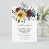 Sonnenblumen Burgund Rose Navy Blue Rustic Hochzei Begleitkarte (Stehend Vorderseite)