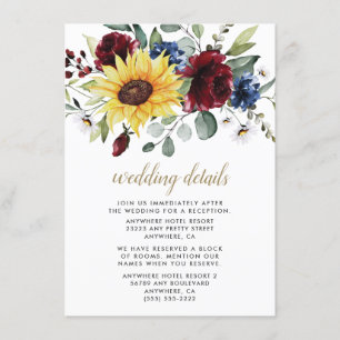 Sonnenblumen Burgund Rose Navy Blue Rustic Hochzei Begleitkarte