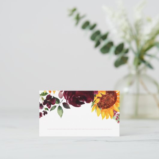 Sonnenblumen Burgund-Rote Rosen Herbst Herbsthochz Platzkarte (Stehend Vorderseite)