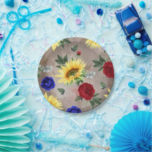 Sonnenblumen - Burgund und Navy Blauer Fall Rustik Pappteller (Party)