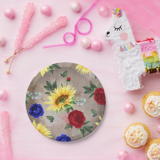 Sonnenblumen - Burgund und Navy Blauer Fall Rustik Pappteller (Party)