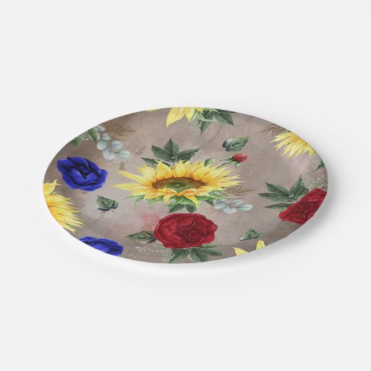 Sonnenblumen - Burgund und Navy Blauer Fall Rustik Pappteller (Schrägansicht)