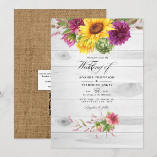 Sonnenblumen & Burgunder Blumen QR Code RSVP Rusti Einladung