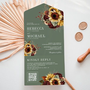 Sonnenblumen Burgunder QR-Code Salbei Grüne Hochze All In One Einladung