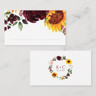 Sonnenblumen Burgunderrote Rosen Herbst Hochzeit Platzkarte