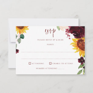 Sonnenblumen & Burgunderrote Rosen Herbsthochzeit RSVP Karte