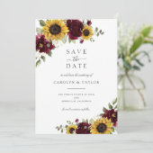 Sonnenblumen Burgundy Blumen Rustikal Save the Dat Einladung (Stehend Vorderseite)