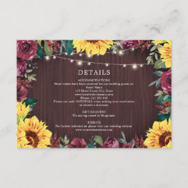 Sonnenblumen Burgundy Border Lights Hochzeitdetail Begleitkarte