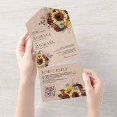 Sonnenblumen Burgundy Floral QR Code Burlap Weddin All In One Einladung (Abreißen)