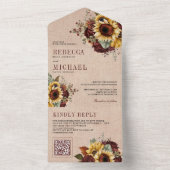 Sonnenblumen Burgundy Floral QR Code Burlap Weddin All In One Einladung (Innen Boden)