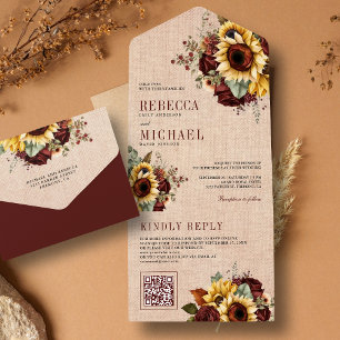 Sonnenblumen Burgundy Floral QR Code Burlap Weddin All In One Einladung