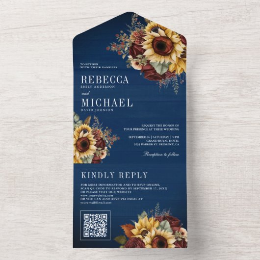 Sonnenblumen Burgundy Floral QR Code Marine Hochze All In One Einladung (Innen Boden)