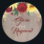 Sonnenblumen Burgundy Floral Rustische Hochzeit im Runder Aufkleber<br><div class="desc">Sonnenblumen,  bordeauxfarbene rote Rosen rustikale Hochzeit im Herbst Siegel</div>