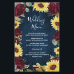 Sonnenblumen Burgundy Navy Blue Wedding Menu Cards<br><div class="desc">Das Design besticht durch tiefbordeauxfarbene rote Rosen,  Sonnenblumen,  Eukalyptus und andere Grünelemente auf einem rustikalen marineblauen Kornboden aus Stallholz.</div>
